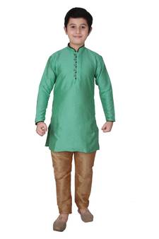 Green Self Design Silk Boys Kurta Pajama Set