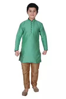 Green Self Design Silk Boys Kurta Pajama Set