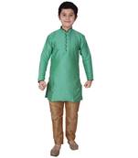 Green Self Design Silk Boys Kurta Pajama Set
