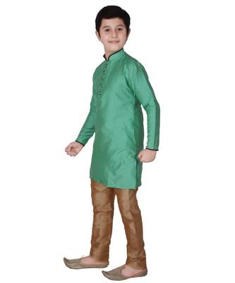Green Self Design Silk Boys Kurta Pajama Set 3
