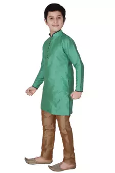 Green Self Design Silk Boys Kurta Pajama Set