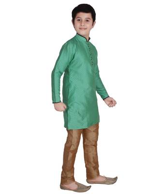 Green Self Design Silk Boys Kurta Pajama Set 4
