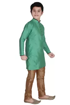 Green Self Design Silk Boys Kurta Pajama Set
