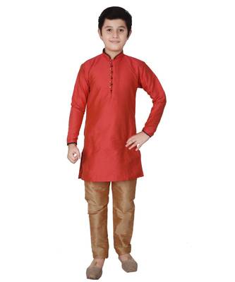 Maroon Self Design Silk Boys Kurta Pajama Set 1