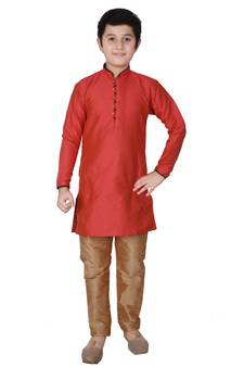 Maroon Self Design Silk Boys Kurta Pajama Set