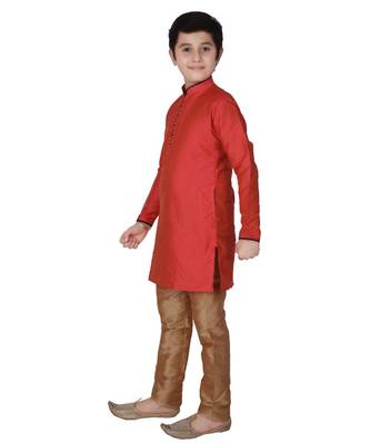 Maroon Self Design Silk Boys Kurta Pajama Set 2