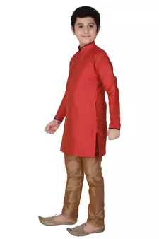 Maroon Self Design Silk Boys Kurta Pajama Set