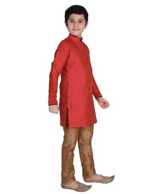 Maroon Self Design Silk Boys Kurta Pajama Set 3