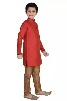 Maroon Self Design Silk Boys Kurta Pajama Set