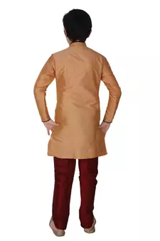 Orange Self Design Silk Boys Kurta Pajama Set