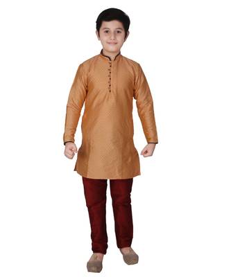 Orange Self Design Silk Boys Kurta Pajama Set 1