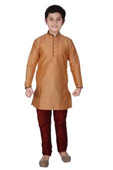 Orange Self Design Silk Boys Kurta Pajama Set