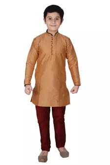 Orange Self Design Silk Boys Kurta Pajama Set