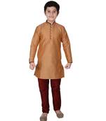 Orange Self Design Silk Boys Kurta Pajama Set