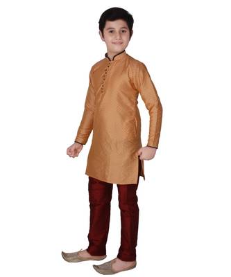 Orange Self Design Silk Boys Kurta Pajama Set 3