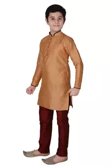 Orange Self Design Silk Boys Kurta Pajama Set