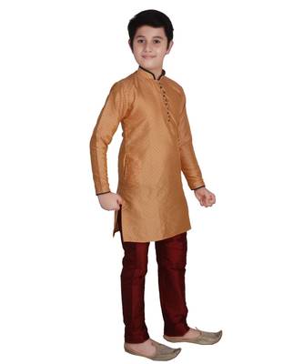 Orange Self Design Silk Boys Kurta Pajama Set 4