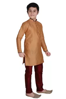 Orange Self Design Silk Boys Kurta Pajama Set