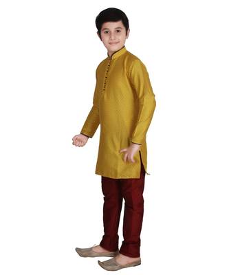 Yellow Self Design Silk Boys Kurta Pajama Set 1