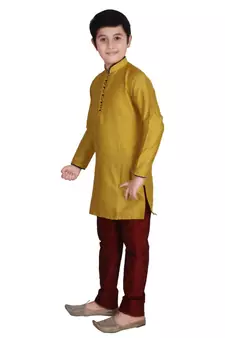 Yellow Self Design Silk Boys Kurta Pajama Set