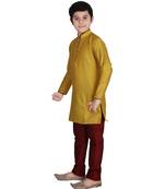 Yellow Self Design Silk Boys Kurta Pajama Set