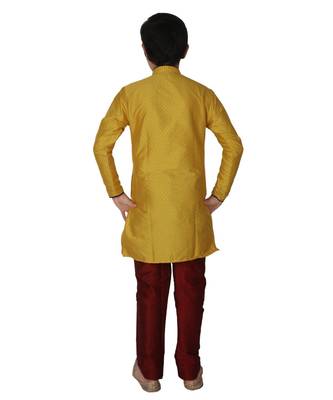 Yellow Self Design Silk Boys Kurta Pajama Set 2