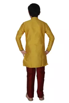 Yellow Self Design Silk Boys Kurta Pajama Set