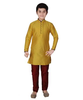 Yellow Self Design Silk Boys Kurta Pajama Set 3