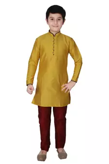 Yellow Self Design Silk Boys Kurta Pajama Set