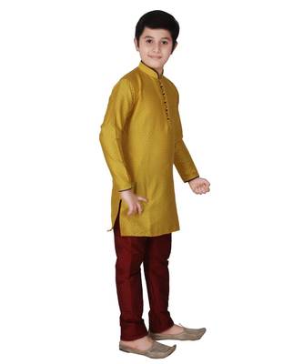 Yellow Self Design Silk Boys Kurta Pajama Set 4