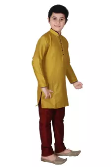 Yellow Self Design Silk Boys Kurta Pajama Set