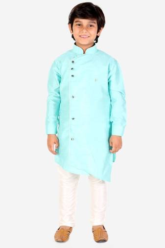Firozi Solid Silk Boys Kurta Pajama Set