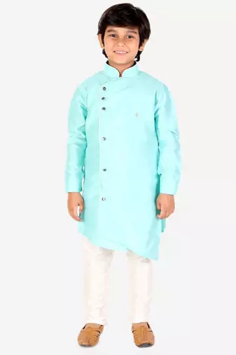Firozi Solid Silk Boys Kurta Pajama Set