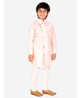 Orange Solid Silk Boys Kurta Pajama Set 1