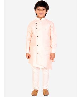 Orange Solid Silk Boys Kurta Pajama Set 2