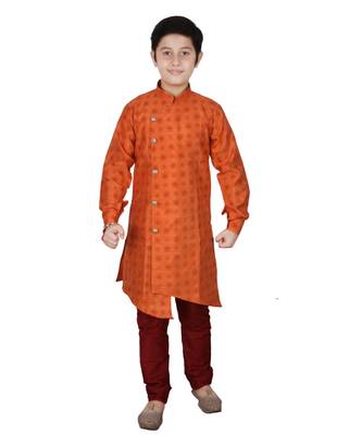Orange Floral Design Silk  Boys Kurta Pajama Set 1
