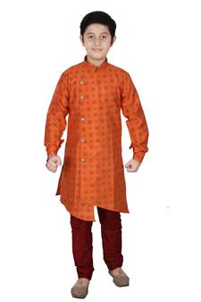 Orange Floral Design Silk  Boys Kurta Pajama Set