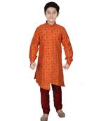 Orange Floral Design Silk  Boys Kurta Pajama Set