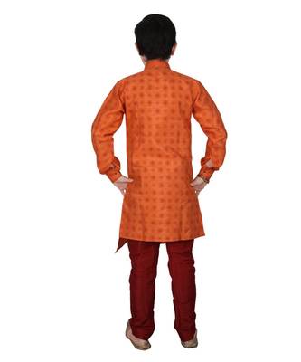 Orange Floral Design Silk  Boys Kurta Pajama Set 2