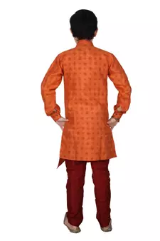 Orange Floral Design Silk  Boys Kurta Pajama Set