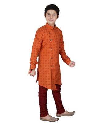 Orange Floral Design Silk  Boys Kurta Pajama Set 3