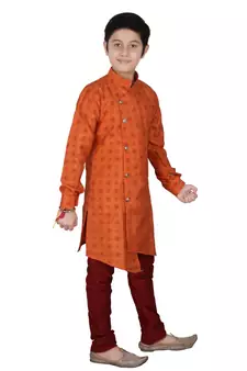 Orange Floral Design Silk  Boys Kurta Pajama Set
