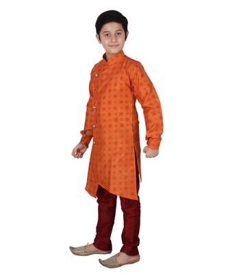 Orange Floral Design Silk  Boys Kurta Pajama Set 4