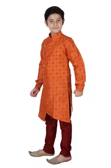 Orange Floral Design Silk  Boys Kurta Pajama Set