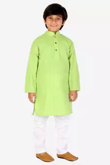 Green Strip Cotton Boys Kurta Pajama Set