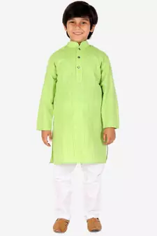 Green Strip Cotton Boys Kurta Pajama Set