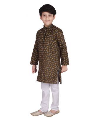 Green Printed Cotton Boys Kurta Pajama Set 1