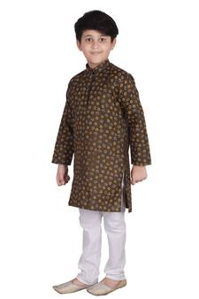 Green Printed Cotton Boys Kurta Pajama Set