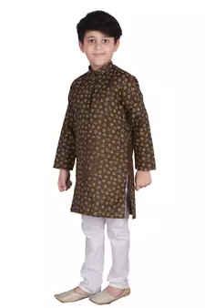 Green Printed Cotton Boys Kurta Pajama Set