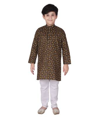 Green Printed Cotton Boys Kurta Pajama Set 4